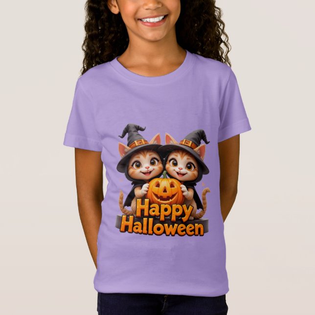 Cute Ginger Cats in Witch Hats Halloween Pumpkins T Shirt (Framsida)