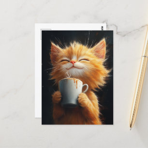 Cute Ginger Kattunge med kaffe Vykort
