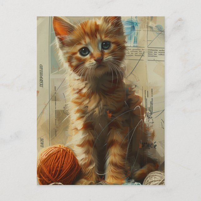 Cute Ginger Kitten i Garn Collage Postcard Vykort (Framsida)