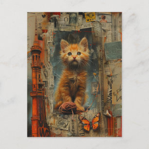 Cute Ginger Kitten Mixed Media Collage Postcard Vykort