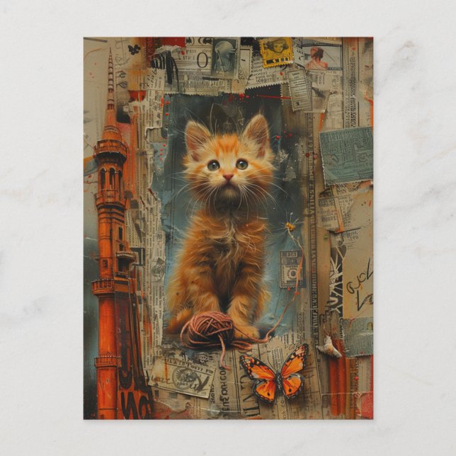 Cute Ginger Kitten Mixed Media Collage Postcard Vykort (Framsida)