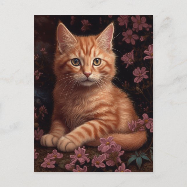 Cute Ginger Kitten Rosa Flowers vykort (Framsida)