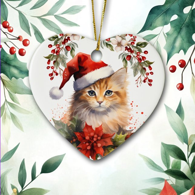 Cute Ginger Orange Cat Holly Berry jul Julgransprydnad Keramik (Skapare uppladdad)