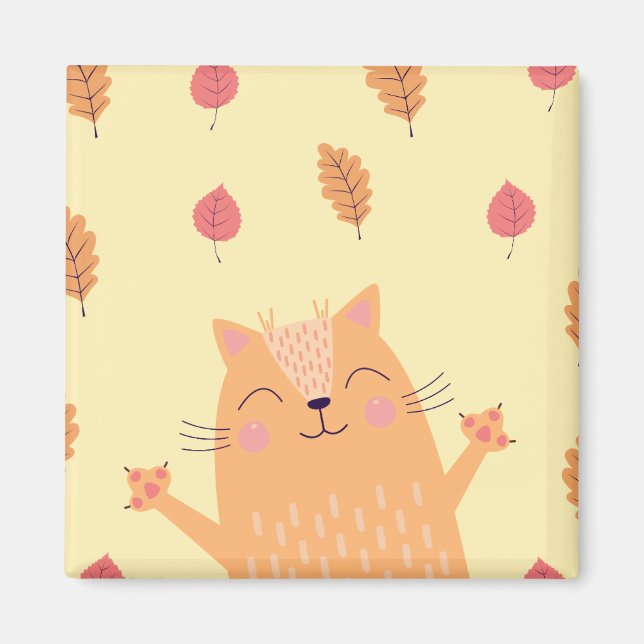 Cute Ginger Orange Cat Playing in Autumn Leaves Magnet (Framsidan)