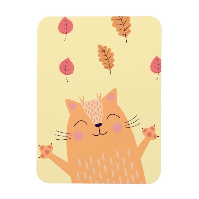 Cute Ginger Orange Cat Playing in Autumn Leaves Magnet (Vertikal)
