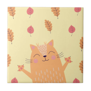 Cute Ginger Orange Cat Spelas i Höst löv Kakelplatta
