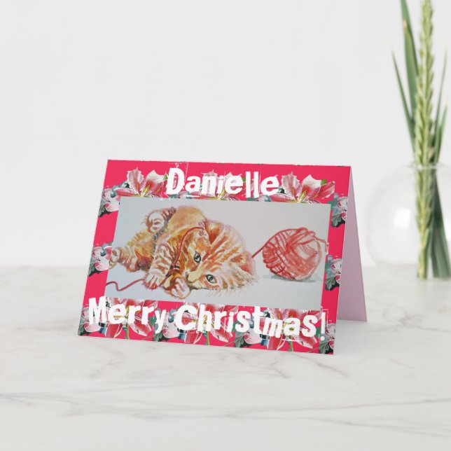 Cute Ginger Tabby katt spelar julkort för ylle Kort (Framsida)