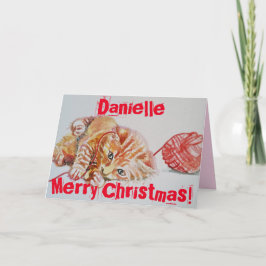 Cute Ginger Tabby katt spelar julkort för ylle Kort