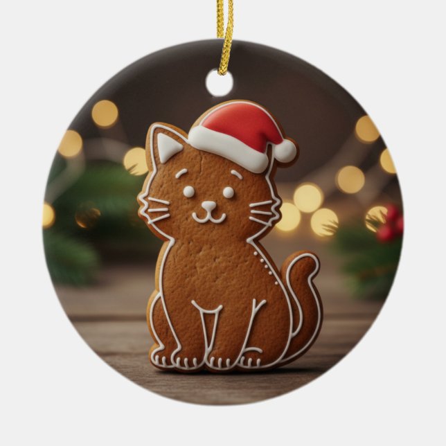 Cute Gingerbread Cat Cookie Christmas  Julgransprydnad Keramik (Framsidan)