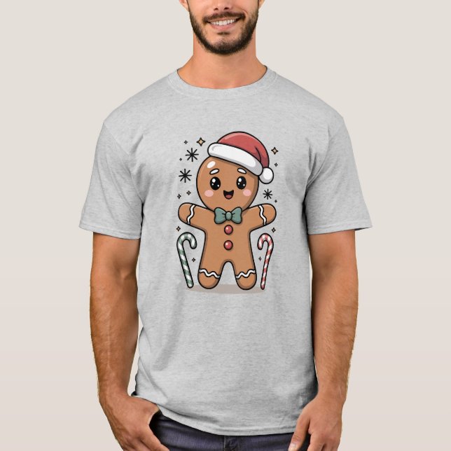 Cute Gingerbread Christmas Cartoon Design T Shirt (Framsida)