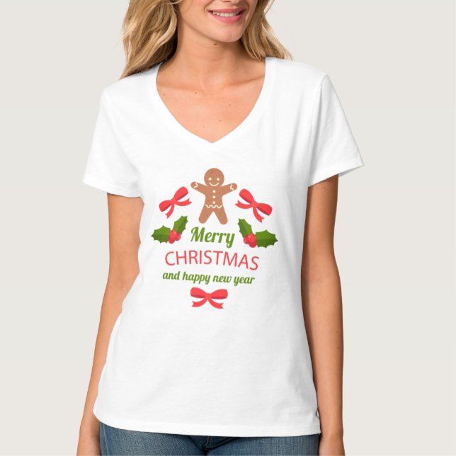 Cute Gingerbread Family Christmas V-Neck USA T Shirt (Framsida)