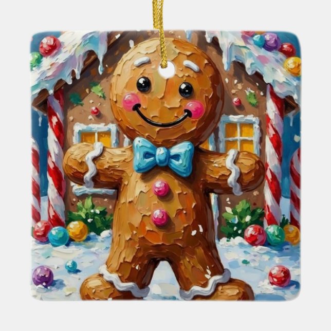 Cute Gingerbread Man Cheerful Christmas Cookie Art Julgransprydnad Keramik (Framsida)