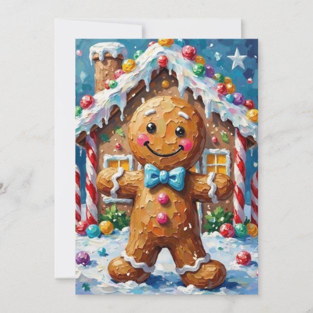 Cute Gingerbread Man Cheerful Christmas Cookie Art Julkort (Framsida)