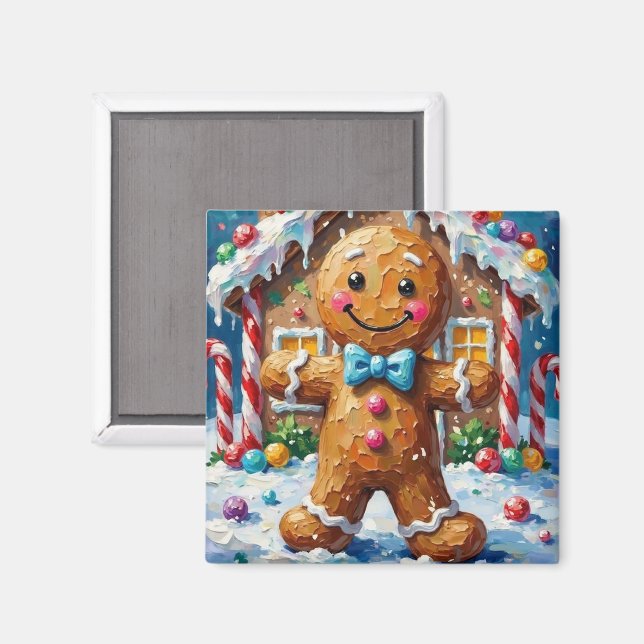 Cute Gingerbread Man Cheerful Christmas Cookie Art Magnet (Front/Back)