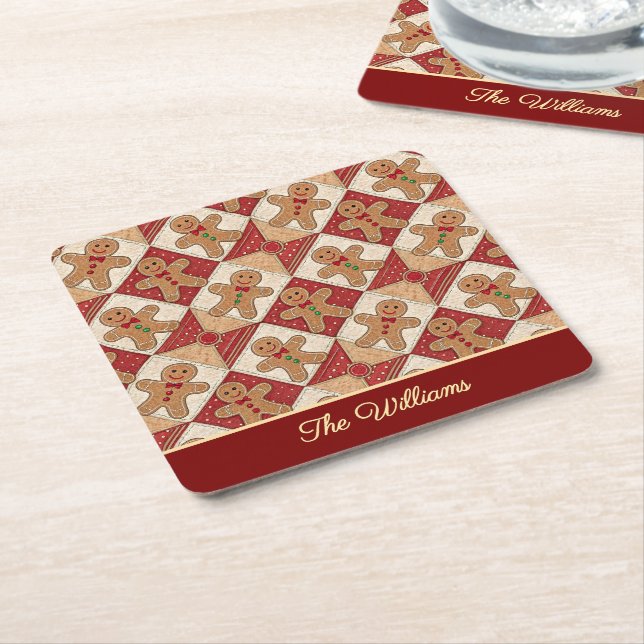 Cute Gingerbread Man Patchwork Pattern Style Underlägg Papper Kvadrat (Vinklad)