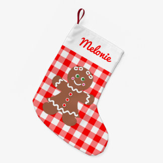 Cute Gingerbröd Girl Red Gingham Monogram Liten Julstrumpa