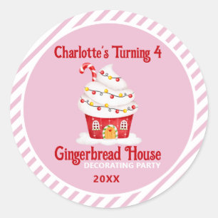 Cute Gingerbröd House Candy cane Rosa Birth Runt Klistermärke