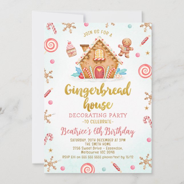 Cute Gingerbröd House Decororating Party Birthday Inbjudningar (Framsida)