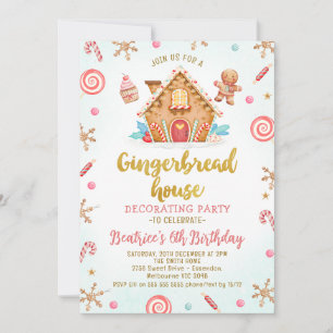 Cute Gingerbröd House Decororating Party Birthday Inbjudningar