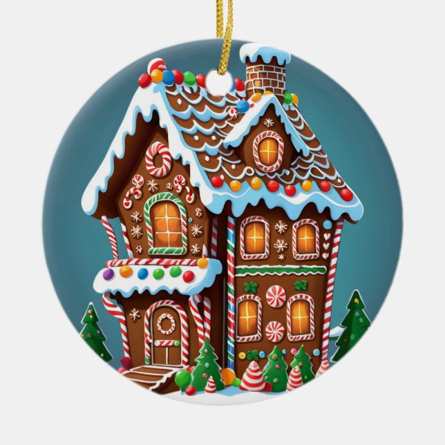 Cute Gingerbröd House Julgransprydnad Keramik (Framsidan)