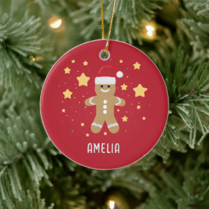 Cute Gingerbröd, kvinna och stjärnor Personlig Nam Julgransprydnad Keramik