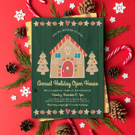 Cute Gingerbröd Open House Grönt Rustic jul Inbjudningar