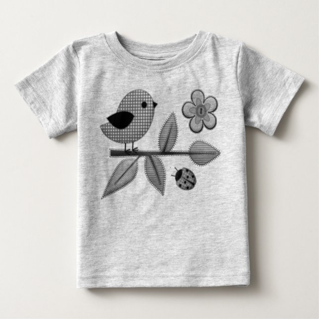 Cute Gingham Bird and Ladybug Garden Art T Shirt (Framsida)