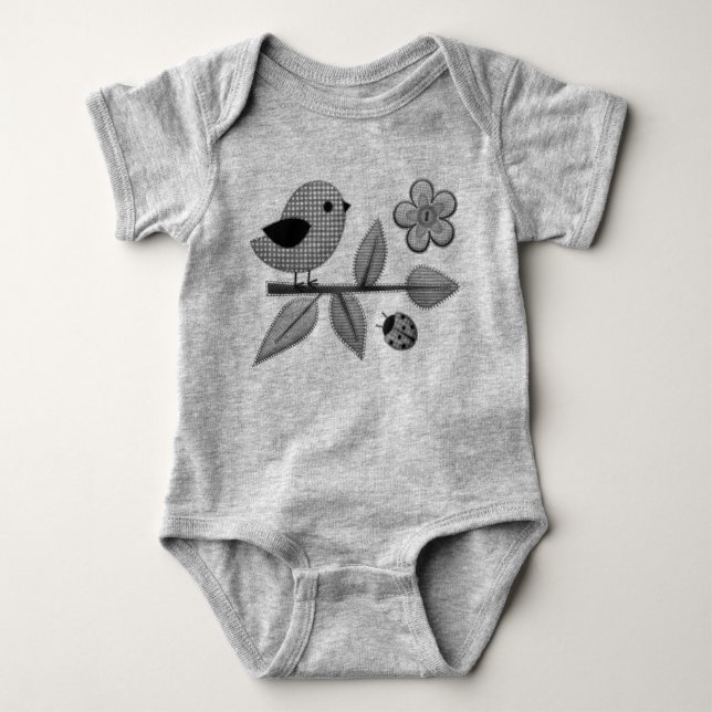 Cute Gingham Bird and Ladybug Garden Art T Shirt (Framsida)