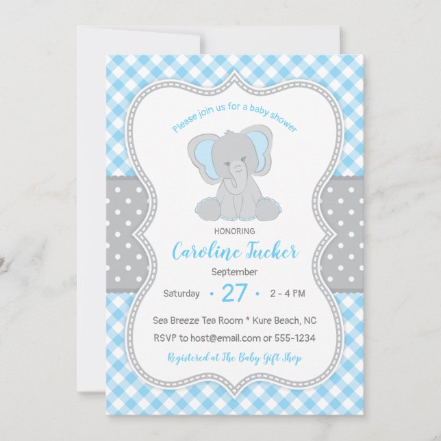Cute Gingham Blue Grått Elephant Baby Shower Inbjudningar (Framsida)