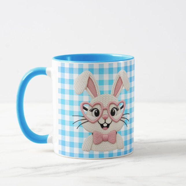 Cute Gingham Bunny Pink Heart Glasses  Mugg (Vänster)