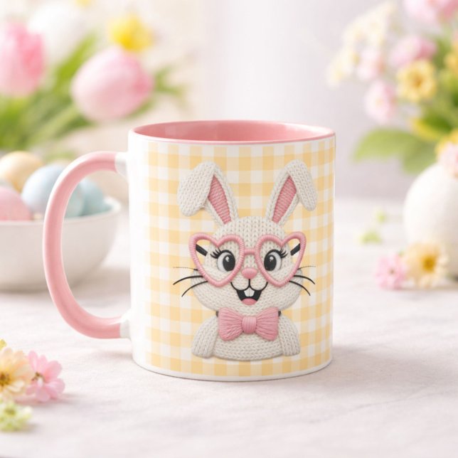 Cute Gingham Bunny Pink Heart Glasses  Mugg (Skapare uppladdad)