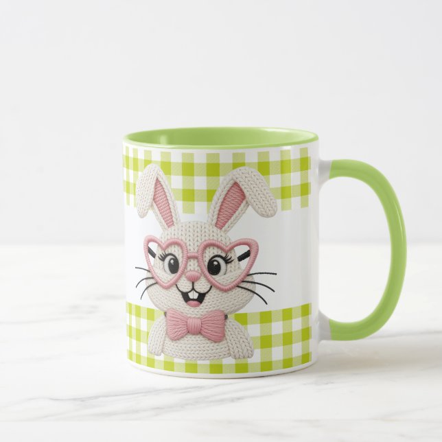 Cute Gingham Bunny Pink Heart Glasses  Mugg (Höger)