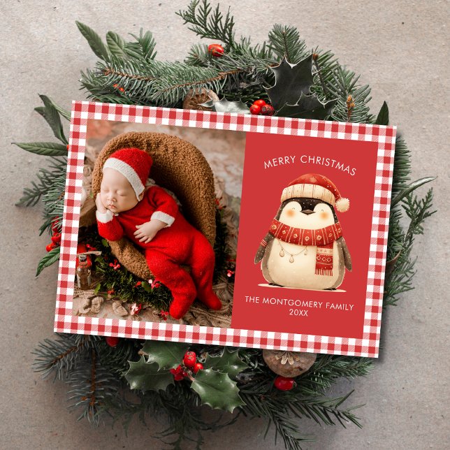 Cute Gingham Check Family jul-fotokort Julkort (Skapare uppladdad)