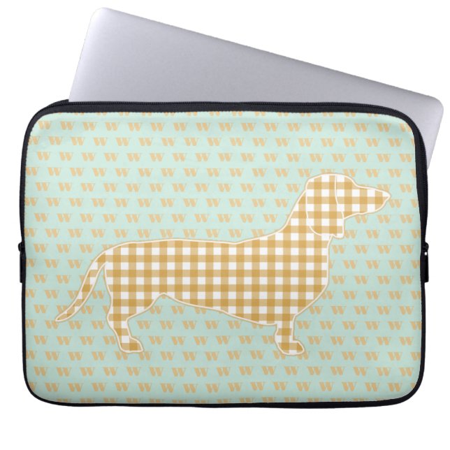 Cute Gingham Dachshund Monogram Anka Egg Blue Laptop Fodral (Framsidan)