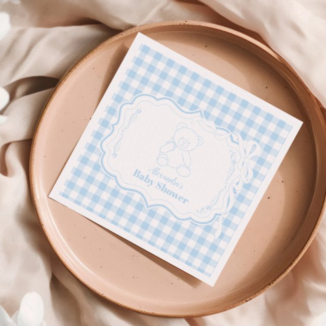 Cute Gingham Fransk Nalle Baby Shower Pappersservett (Skapare uppladdad)