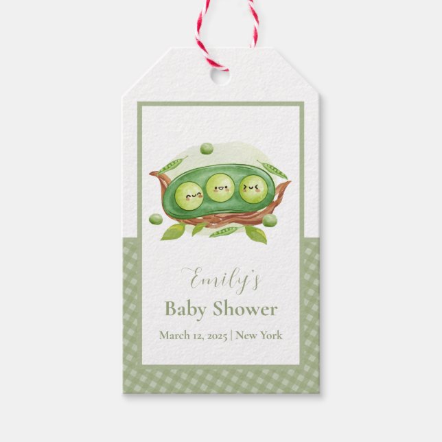 Cute Gingham Greenery Sweet Pea in Pod Baby Shower Presentetikett (Framsidan)