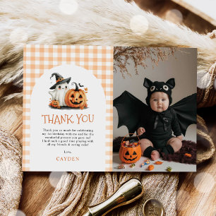 Cute Gingham Halloween Ghost 1 Birthday Photo Tack Kort