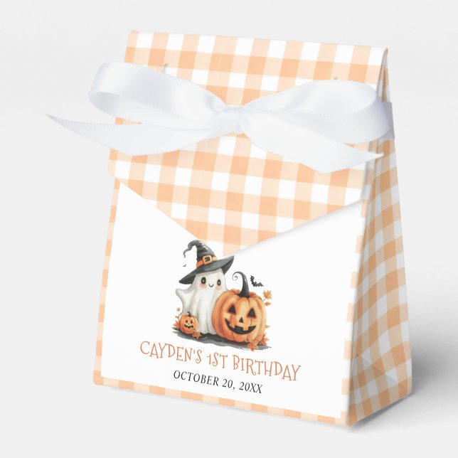 Cute Gingham Halloween Ghost 1st Birthday Presentaskar (Framsidan Sidan)