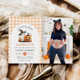 Cute Gingham Halloween Ghost Baby Shower Photo Inbjudningar