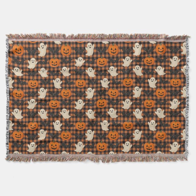 Cute, gingham halloween spökpumpa fladdermus filt (Framsidan)
