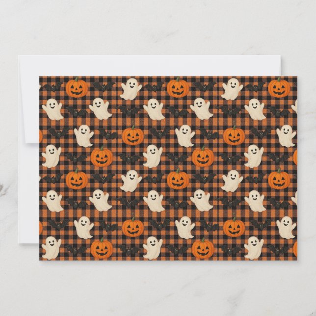 Cute, gingham halloween spökpumpa fladdermus inbjudningar (Framsida)