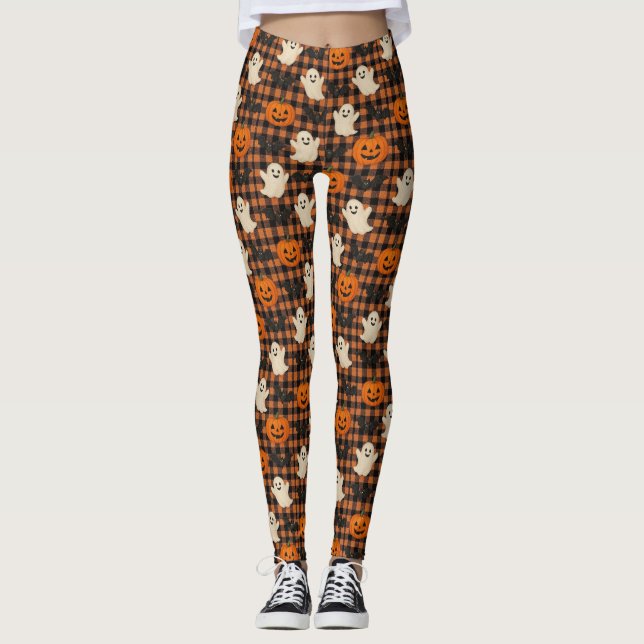 Cute, gingham halloween spökpumpa fladdermus leggings (Framsida)