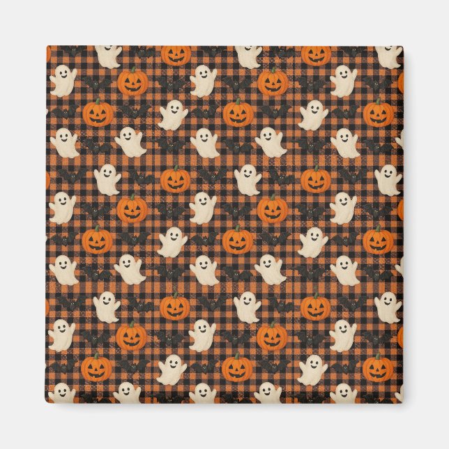 Cute, gingham halloween spökpumpa fladdermus magnet (Framsidan)