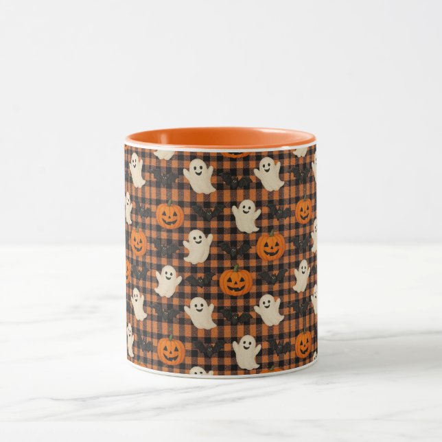 Cute, gingham halloween spökpumpa fladdermus mugg (Center)