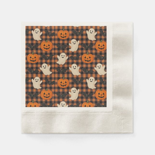 Cute, gingham halloween spökpumpa fladdermus pappersservett (Framsidan)