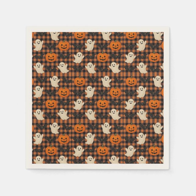 Cute, gingham halloween spökpumpa fladdermus pappersservett (Framsidan)