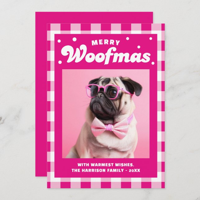 Cute Gingham Mönster Merry Woofmas Julkort (Fram/baksida)