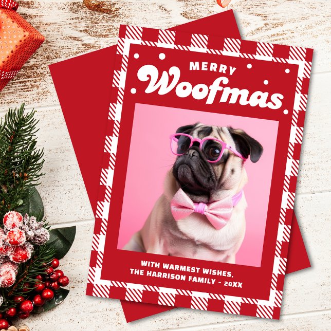 Cute Gingham Mönster Merry Woofmas Julkort (Skapare uppladdad)