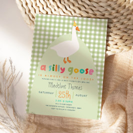 Cute Gingham Neutral Silly Goose Baby Shower  Inbjudningar