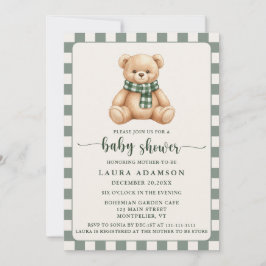 Cute Gingham Plaid Teddy Bear Winter Baby Shower Inbjudningar
